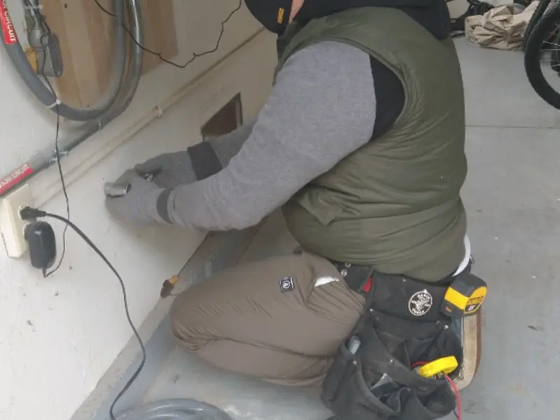 Electrician performing outlet wiring in a Bellwood garage